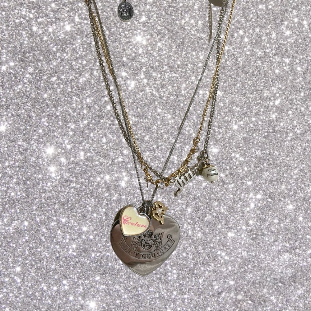 Juicy Couture Triple Strand Charm Necklace (Let Them Eat Couture) Gold & Sliver